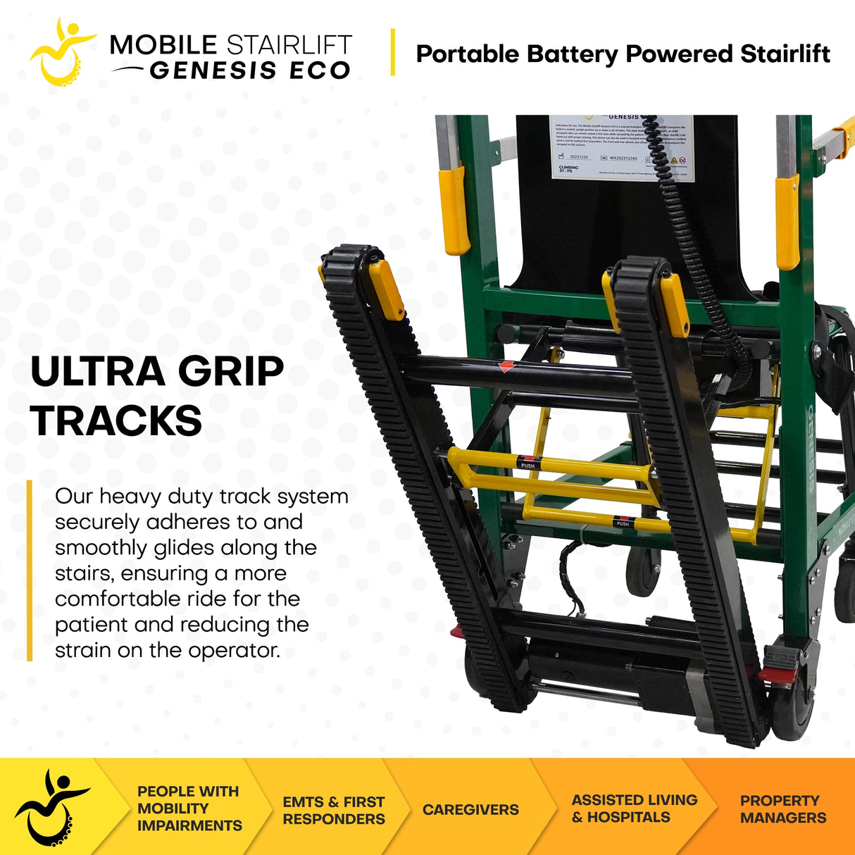 The motorized and electric ultra grip tracks of the Mobile Stairlift Eco, Stair Climbing Chair